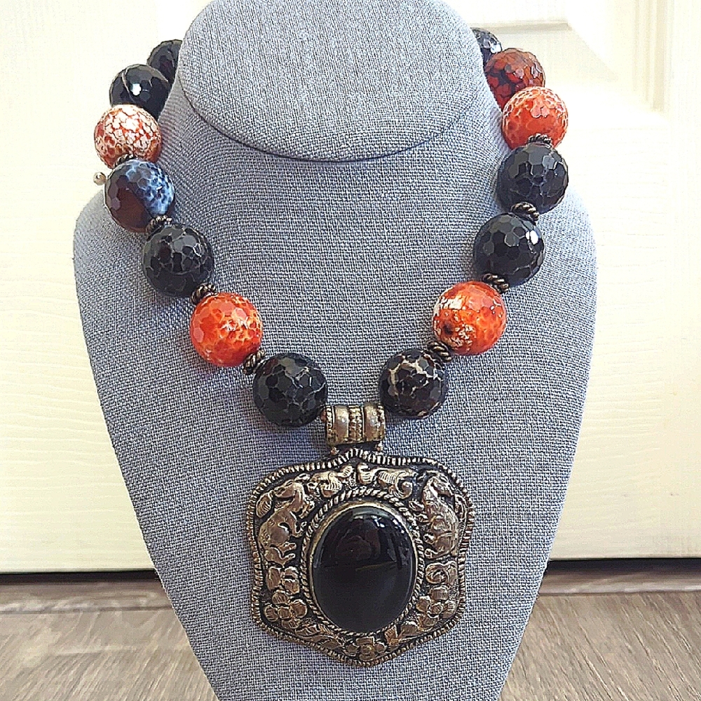 Artisan Tibetan Silver Black Onyx Fire Agate Statement Necklace